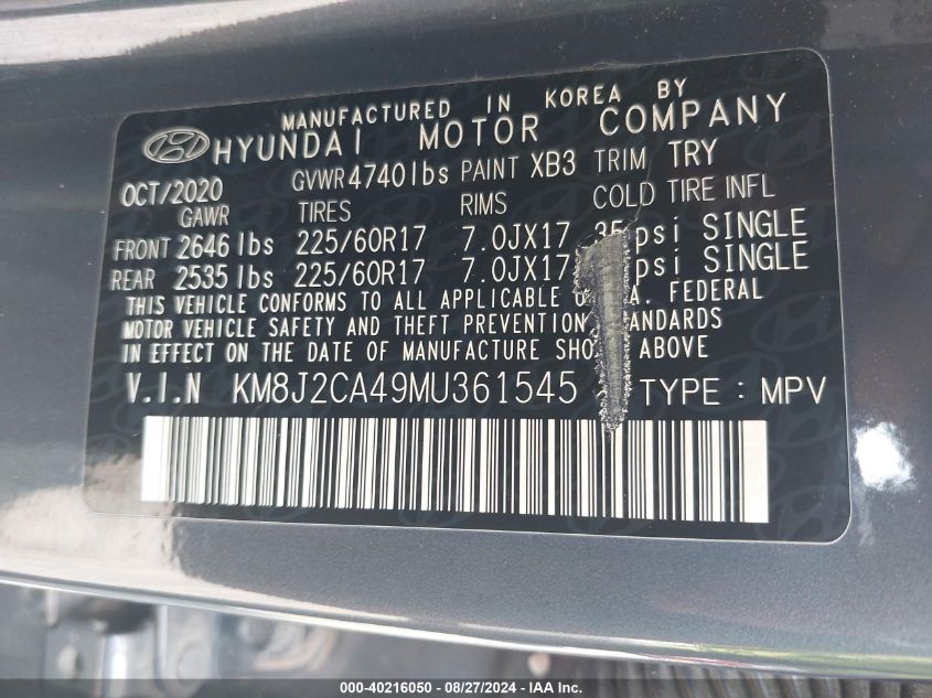 2021 Hyundai Tucson Se VIN: KM8J2CA49MU361545 Lot: 40216050