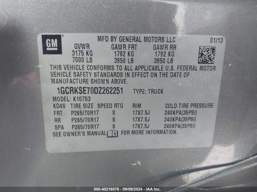 1GCRKSE70DZ262251 2013 Chevrolet Silverado 1500 Lt