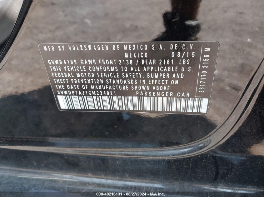 2016 Volkswagen Jetta 1.4T Se VIN: 3VWD67AJ1GM224821 Lot: 40216131