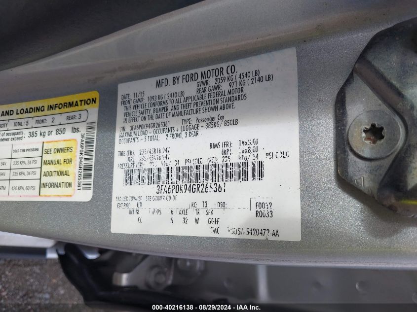 2016 FORD FUSION VIN: 3FA6P0K94GR265361