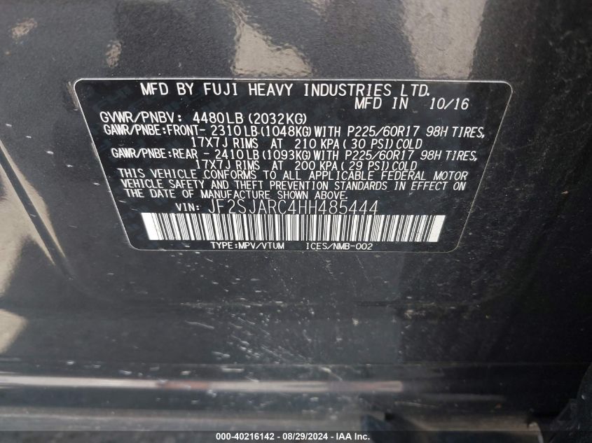 JF2SJARC4HH485444 2017 Subaru Forester 2.5I Limited