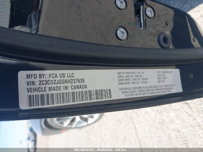 2022 Dodge Challenger Gt VIN: 2C3CDZJG5NH237639 Lot: 40216153