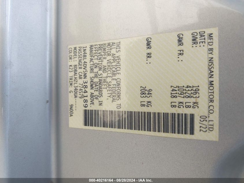 2022 Nissan Altima Sv Fwd VIN: 1N4BL4DV5NN384189 Lot: 40216164