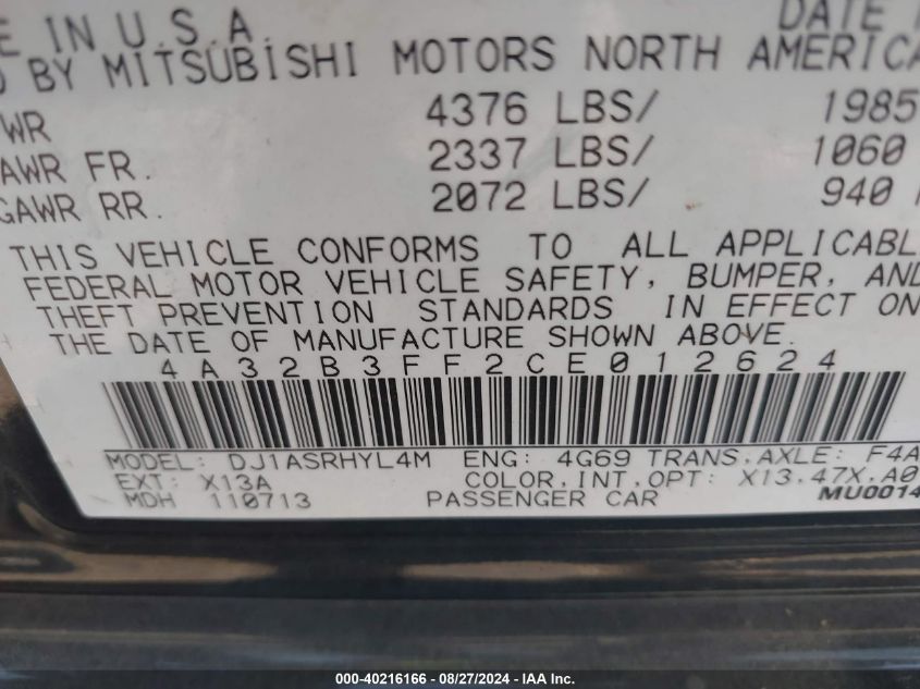 2012 Mitsubishi Galant Es/Se VIN: 4A32B3FF2CE012624 Lot: 40216166