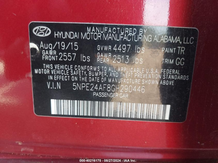 2016 Hyundai Sonata Se VIN: 5NPE24AF8GH290446 Lot: 40216175