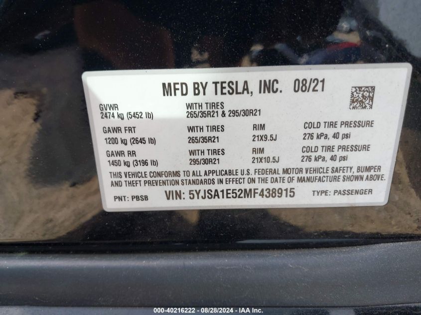 2021 Tesla Model S Long Range Dual Motor All-Wheel Drive VIN: 5YJSA1E52MF438915 Lot: 40216222