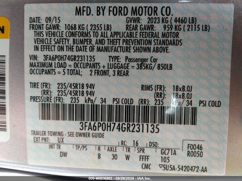 2016 Ford Fusion Se VIN: 3FA6P0H74GR231135 Lot: 40216282