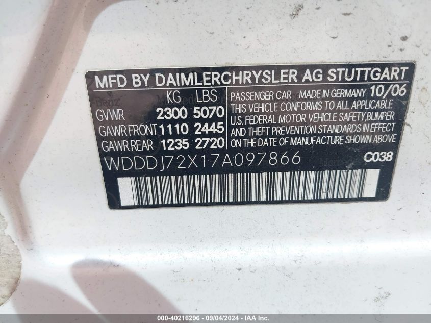 WDDDJ72X17A097866 2007 Mercedes-Benz Cls 550