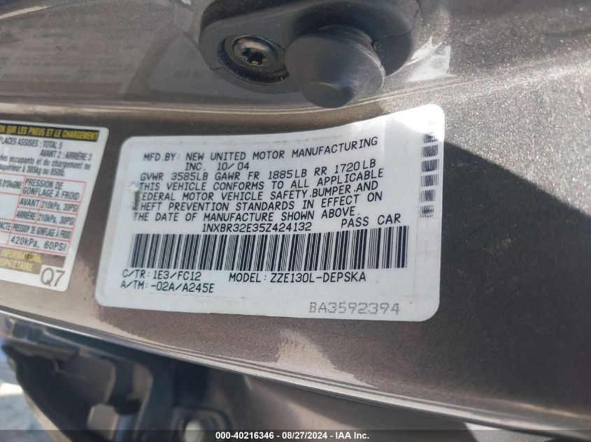 2005 Toyota Corolla S VIN: 1NXBR32E35Z424132 Lot: 40216346