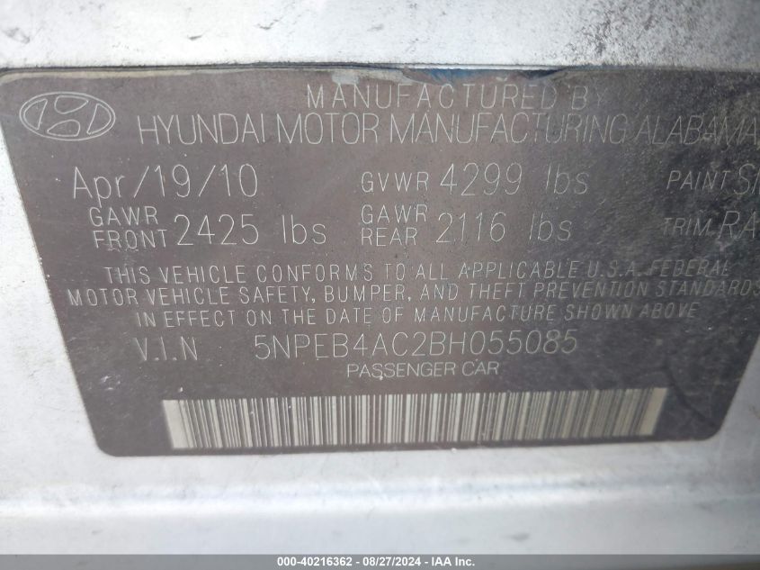 2011 Hyundai Sonata Gls VIN: 5NPEB4AC2BH055085 Lot: 40216362