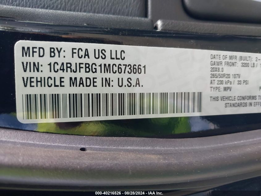 2021 Jeep Grand Cherokee Limited X 4X4 VIN: 1C4RJFBG1MC673661 Lot: 40216526