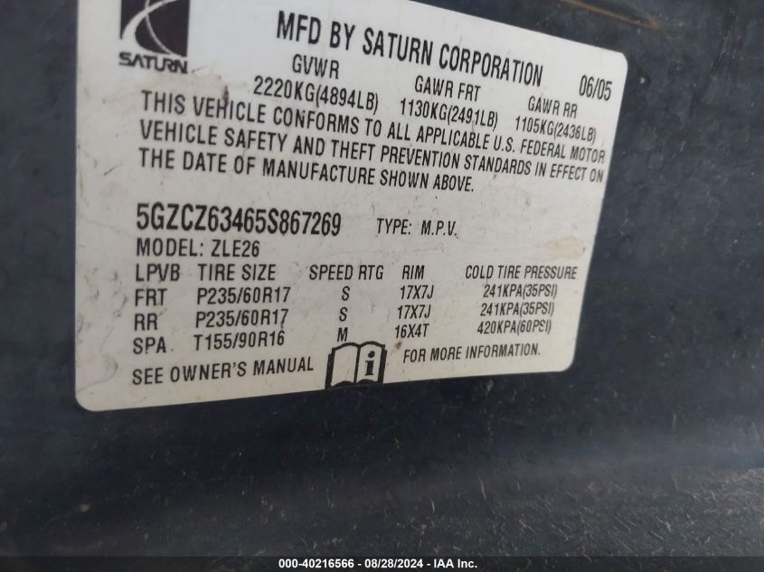 2005 Saturn Vue V6 VIN: 5GZCZ63465S867269 Lot: 40216566