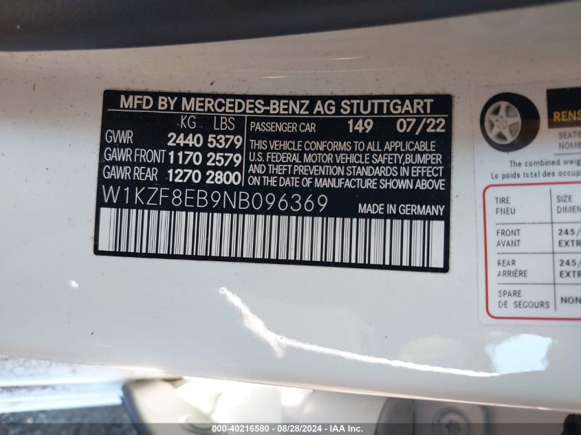 W1KZF8EB9NB096369 2022 Mercedes-Benz E 350 4Matic