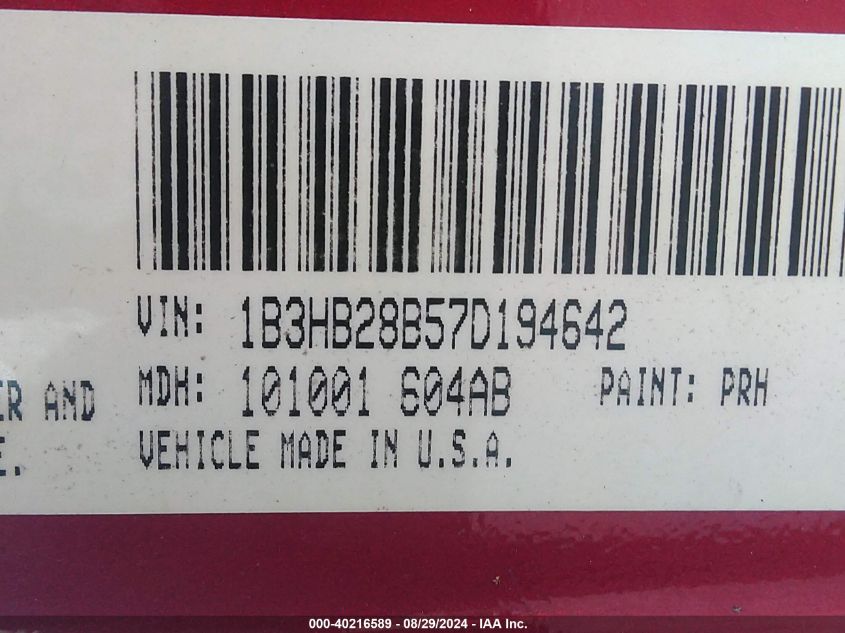 2007 Dodge Caliber VIN: 1B3HB28B57D194642 Lot: 40216589
