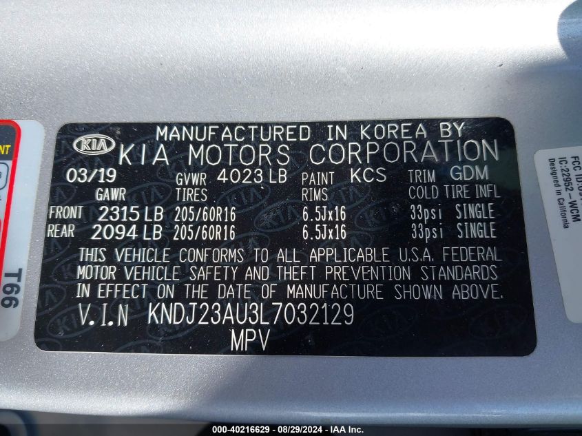 2020 Kia Soul Lx VIN: KNDJ23AU3L7032129 Lot: 40216629