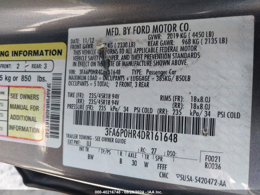 2013 FORD FUSION SE - 3FA6P0HR4DR161648