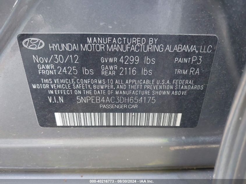 5NPEB4AC3DH654175 2013 Hyundai Sonata Gls