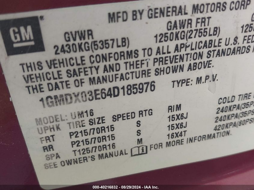 2004 Pontiac Montana M16 W/1Sa Pkg. VIN: 1GMDX03E64D185976 Lot: 40216832