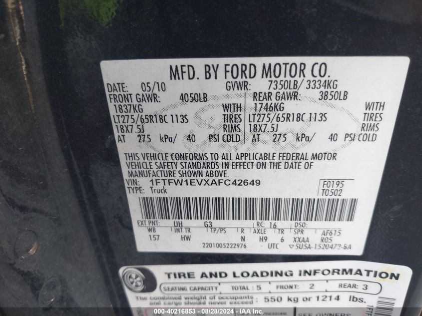 2010 Ford F-150 Fx4/Harley-Davidson/King Ranch/Lariat/Platinum/Xl/Xlt VIN: 1FTFW1EVXAFC42649 Lot: 40216853