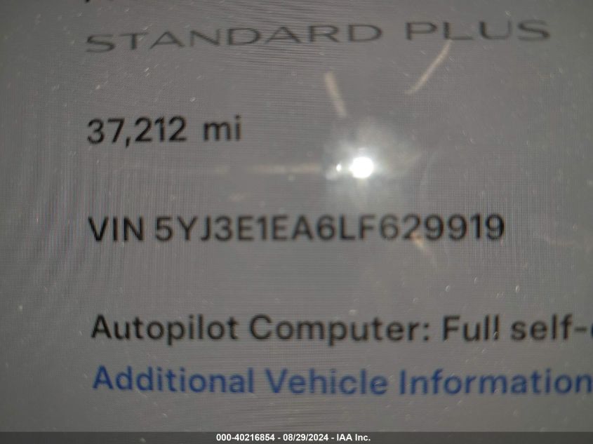 2020 Tesla Model 3 Standard Range Plus Rear-Wheel Drive/Standard Range Rear-Wheel Drive VIN: 5YJ3E1EA6LF629919 Lot: 40216854