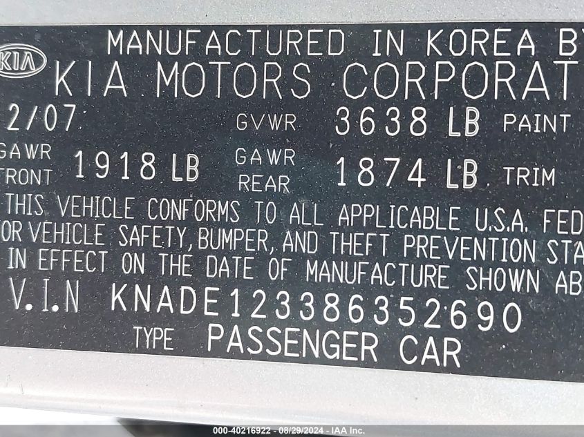 KNADE123386352690 2008 Kia Rio Lx