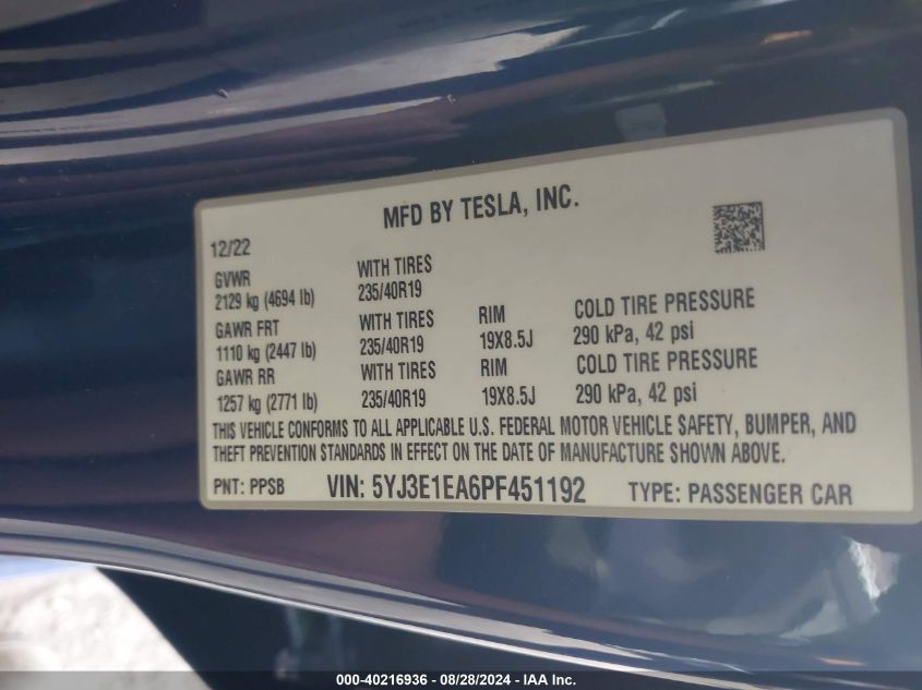 2023 TESLA MODEL 3 - 5YJ3E1EA6PF451192