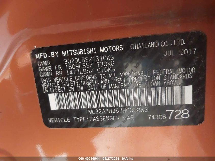 ML32A3HJ6JH002863 2018 Mitsubishi Mirage Es