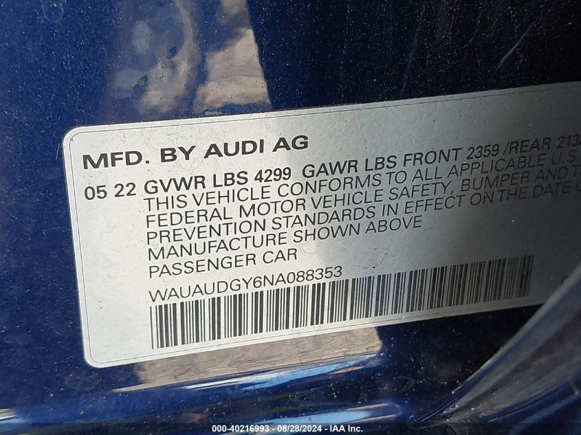 2022 Audi A3 Premium 40 Tfsi Front-Wheel Drive S Tronic VIN: WAUAUDGY6NA088353 Lot: 40216993