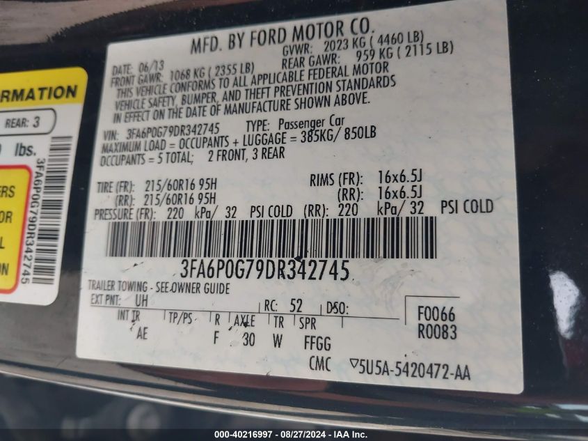 2013 FORD FUSION S - 3FA6P0G79DR342745