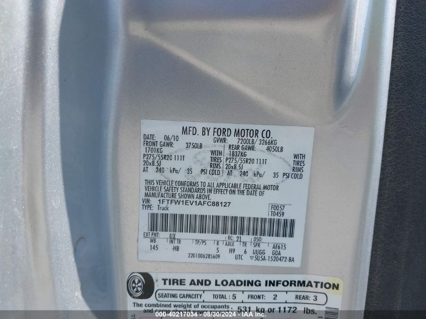 2010 Ford F-150 Fx4/Harley-Davidson/King Ranch/Lariat/Platinum/Xl/Xlt VIN: 1FTFW1EV1AFC88127 Lot: 40217034