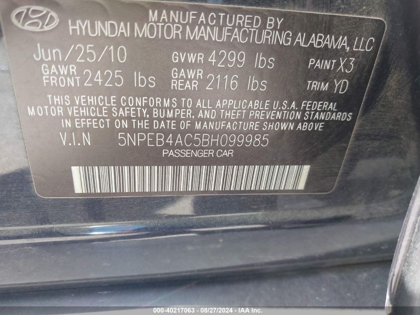 2011 Hyundai Sonata Gls VIN: 5NPEB4AC5BH099985 Lot: 40217063