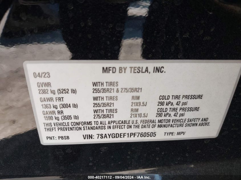 2023 Tesla Model Y VIN: 7SAYGDEF1PF760505 Lot: 40217112