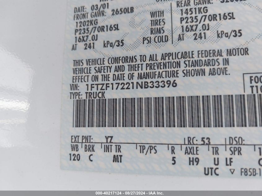 2001 Ford F-150 Xl/Xlt VIN: 1FTZF17221NB33396 Lot: 40217124