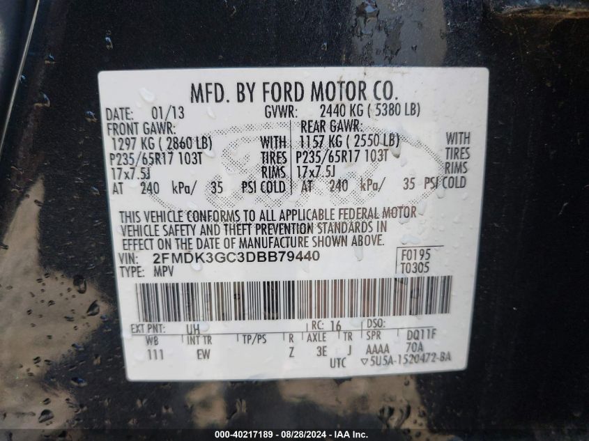 2013 Ford Edge Se VIN: 2FMDK3GC3DBB79440 Lot: 40217189