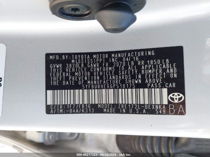 2016 TOYOTA COROLLA LE - 5YFBURHE6GP510175