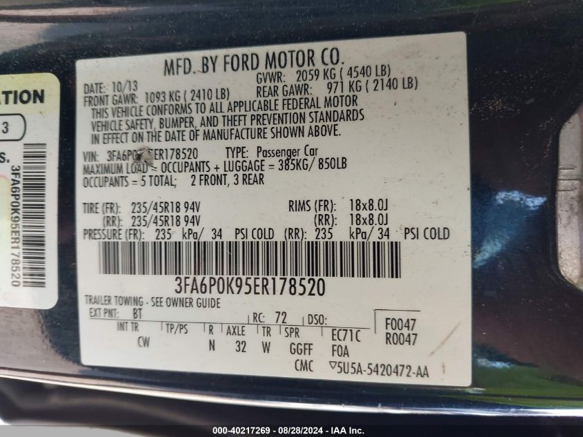 2014 Ford Fusion Titanium VIN: 3FA6P0K95ER178520 Lot: 40217269