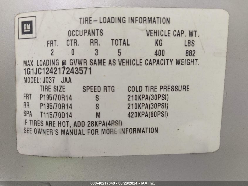 2001 Chevrolet Cavalier VIN: 1G1JC124217243571 Lot: 40217349