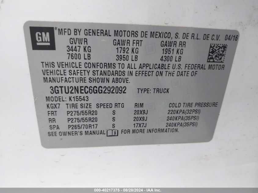 3GTU2NEC6GG292092 2016 GMC Sierra 1500 Slt