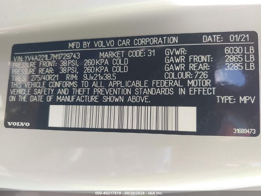 YV4A221L7M1729743 2021 Volvo Xc90 T6 Inscription 6 Passenger