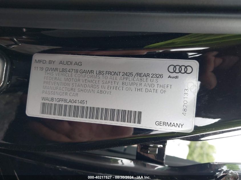 2020 Audi S3 Premium Tfsi Quattro S Tronic VIN: WAUB1GFF8LA041451 Lot: 40217527