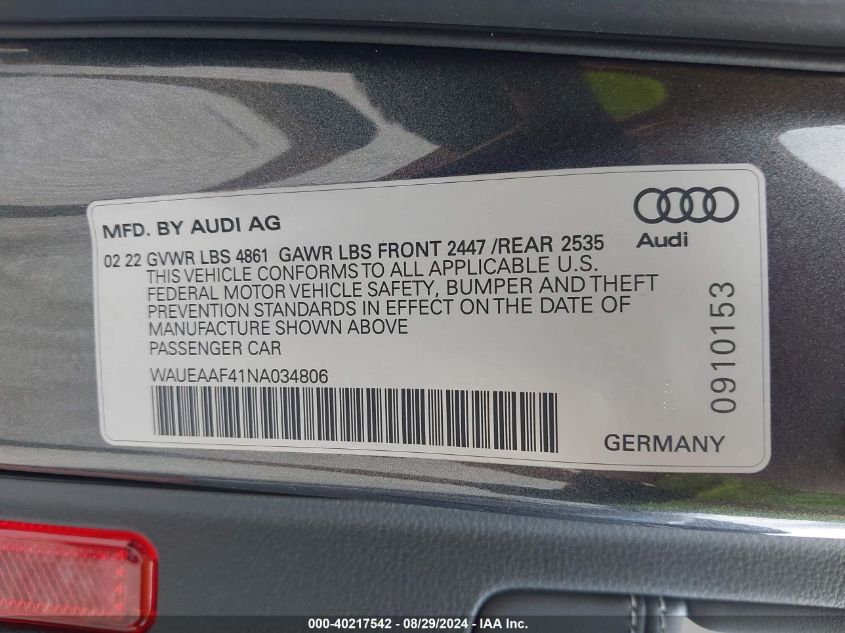 2022 Audi A4 Premium Plus 45 Tfsi S Line Quattro S Tronic VIN: WAUEAAF41NA034806 Lot: 40217542