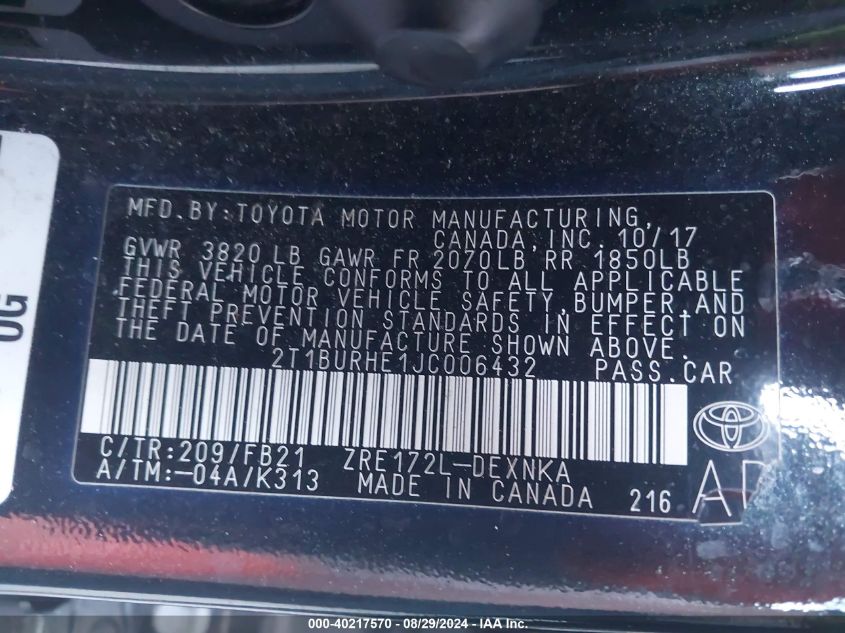 2018 TOYOTA COROLLA LE - 2T1BURHE1JC006432