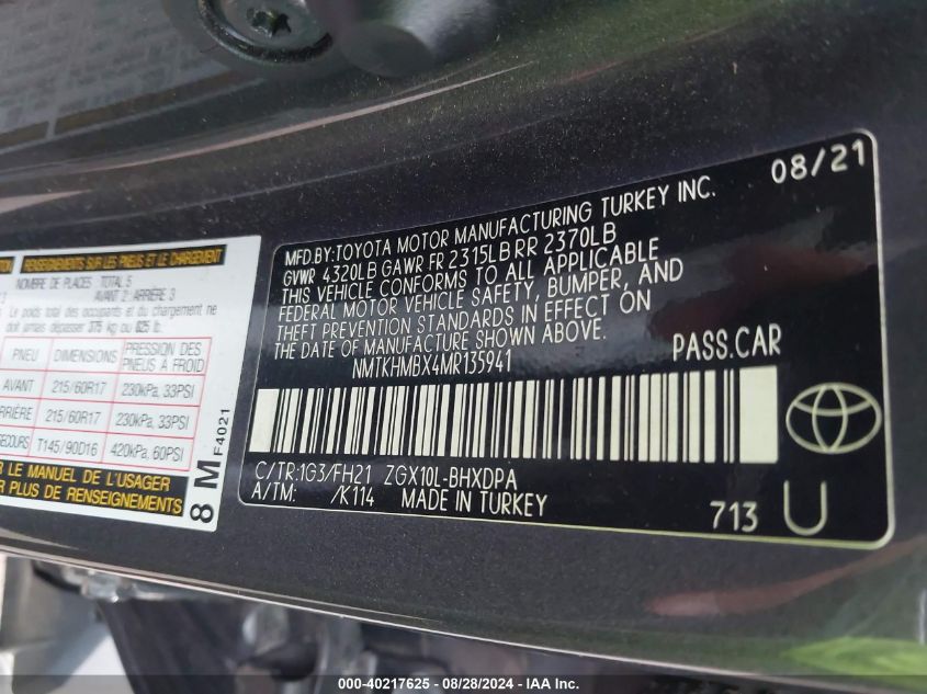 2021 Toyota C-Hr Le VIN: NMTKHMBX4MR135941 Lot: 40217625