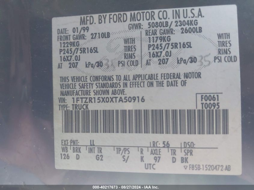 1999 Ford Ranger Xlt VIN: 1FTZR15X0XTA50916 Lot: 40217673