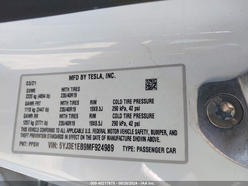 2021 Tesla Model 3 Long Range Dual Motor All-Wheel Drive VIN: 5YJ3E1EB9MF924989 Lot: 40217675