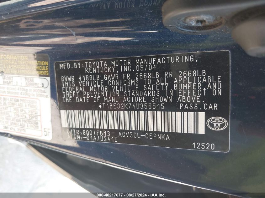 2004 Toyota Camry Le VIN: 4T1BE32K74U356515 Lot: 40217677