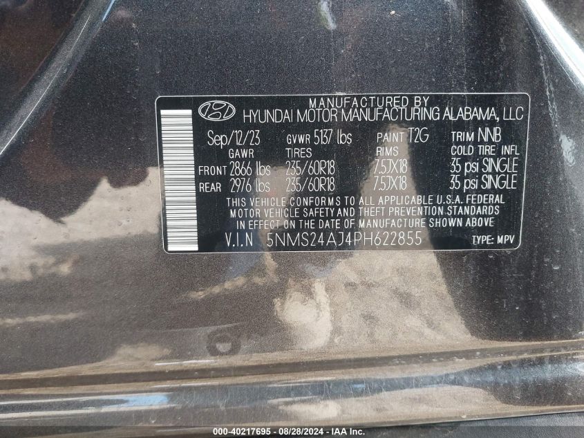 2023 Hyundai Santa Fe Sel VIN: 5NMS24AJ4PH622855 Lot: 40217695