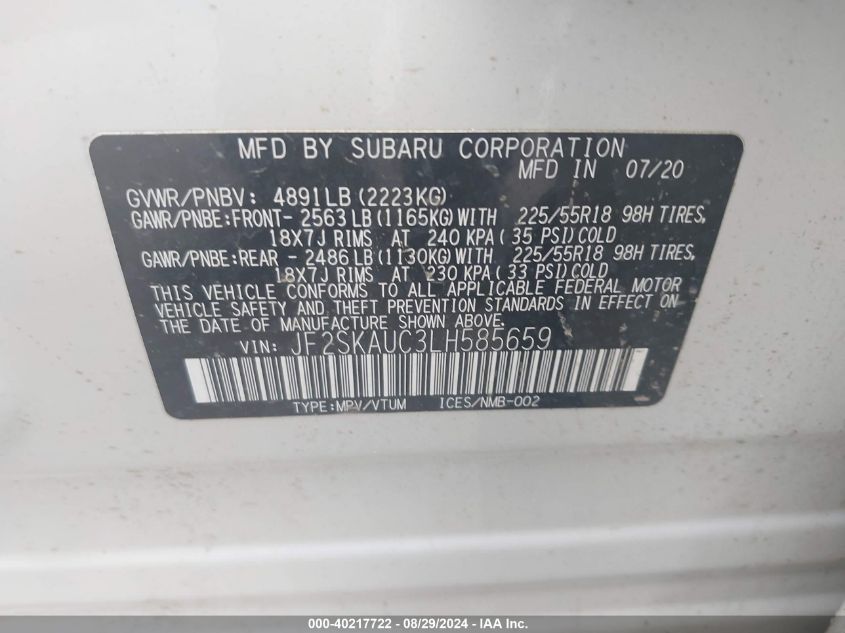 2020 Subaru Forester Limited VIN: JF2SKAUC3LH585659 Lot: 40217722