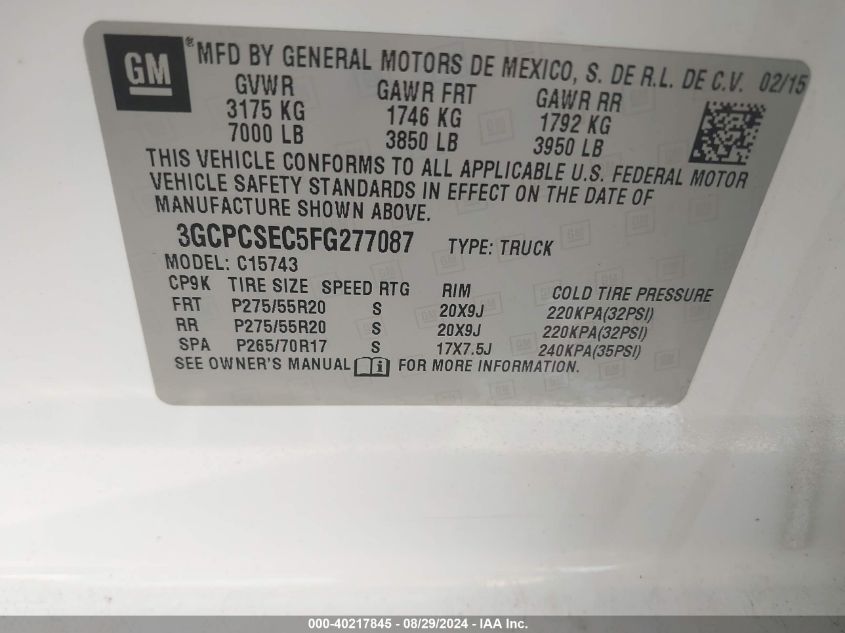 3GCPCSEC5FG277087 2015 Chevrolet Silverado 1500 1Lz