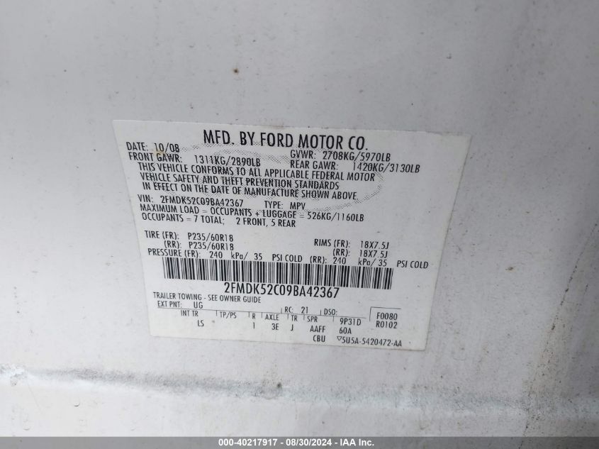 2FMDK52C09BA42367 2009 Ford Flex Sel